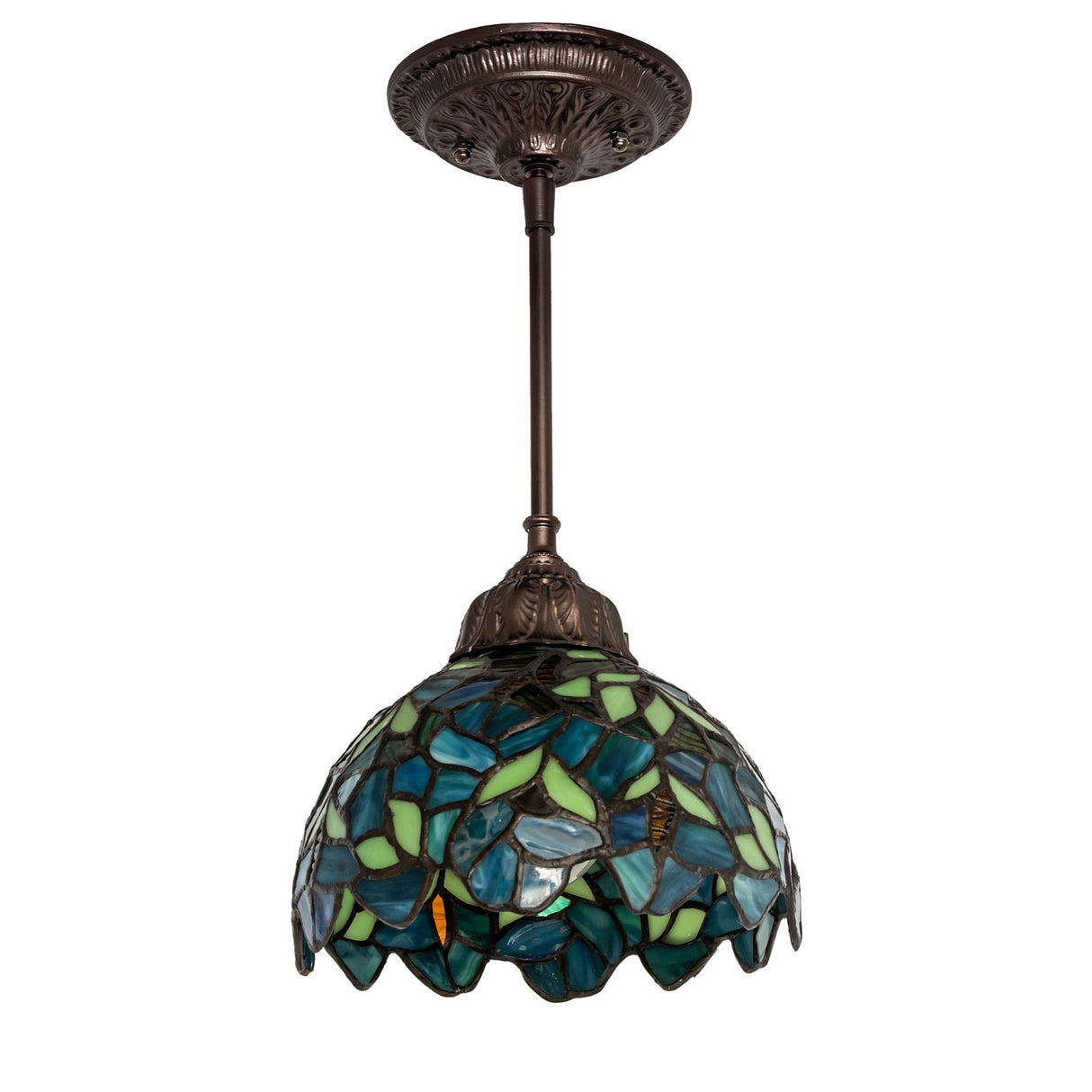 Side view of the Nightfall Wisteria Mini Pendant featuring Mahogany Bronze hardware.