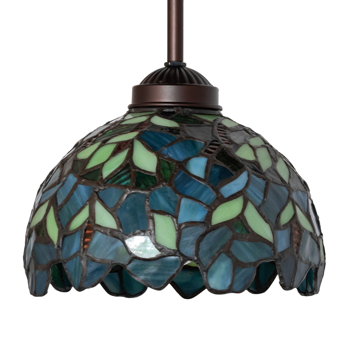 Close-up of the stained glass detail of the Nightfall Wisteria mini pendant.