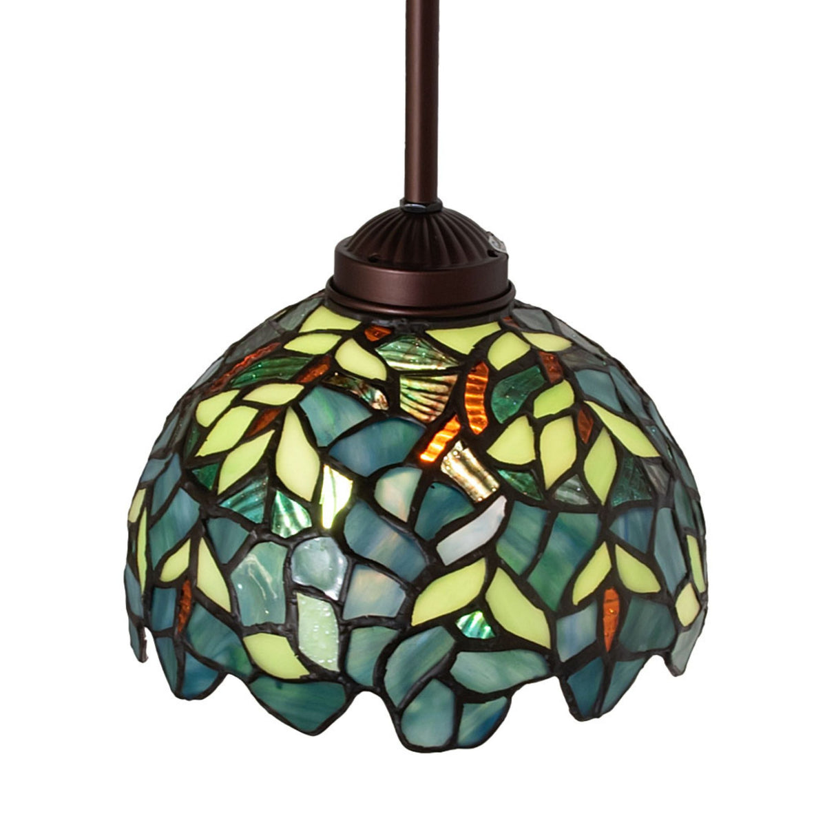 Top angle of the Nightfall Wisteria pendant lamp, displaying detailed stained glass.
