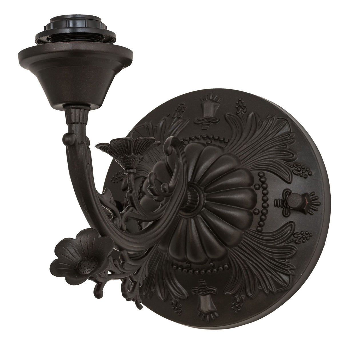 A dark bronze Nightfall Wisteria Wall Sconce with intricate floral and leaf designs.