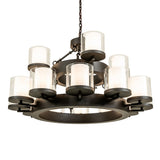 Lit view of Noziroh ring chandelier with sixteen lights in oil rubbed bronze finish.