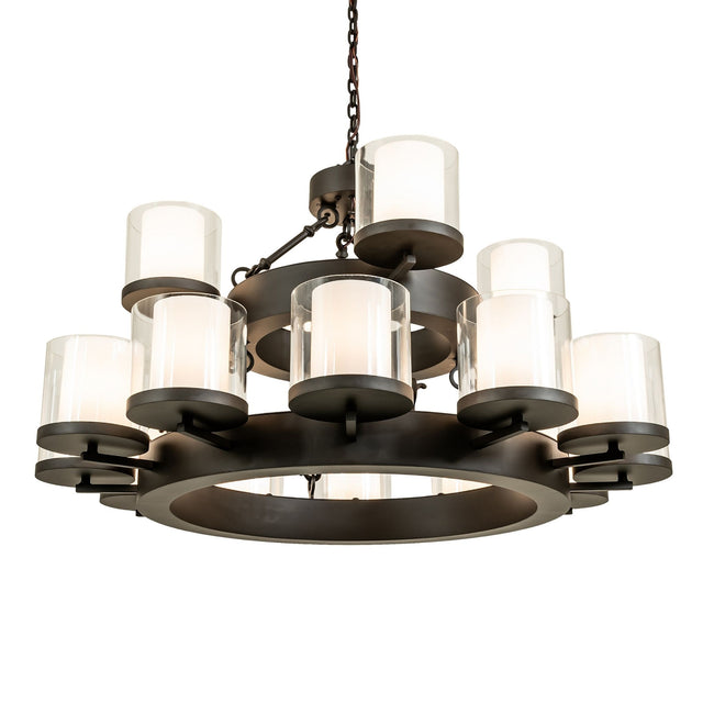 Lit view of Noziroh ring chandelier with sixteen lights in oil rubbed bronze finish.