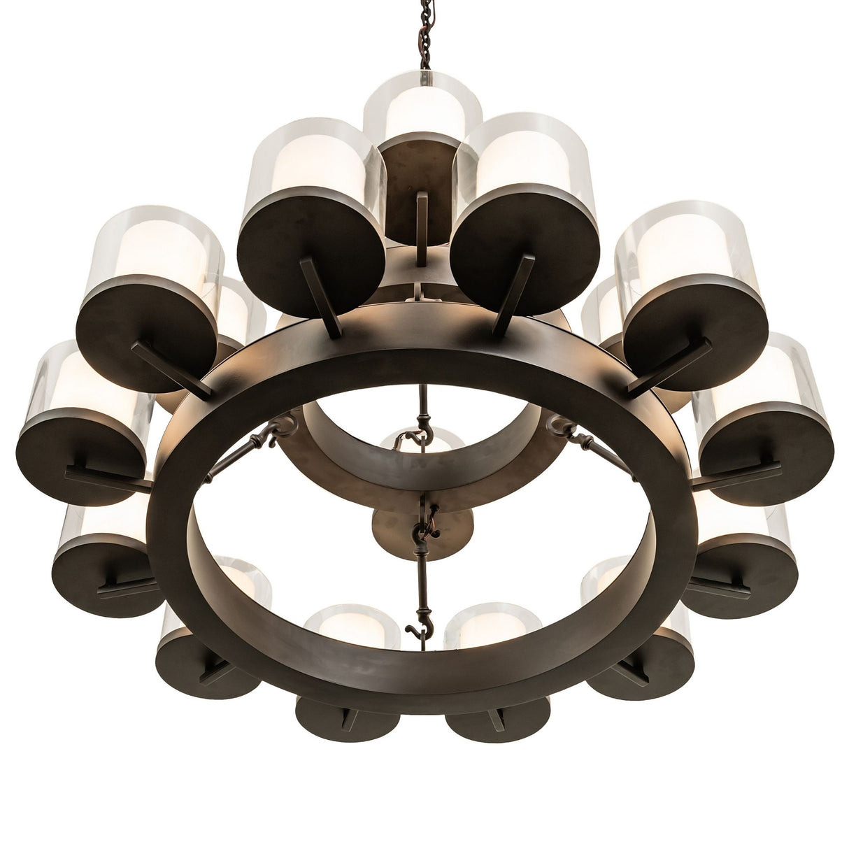 Bottom angled view of Noziroh two-tier ring chandelier highlighting layered circular frame.