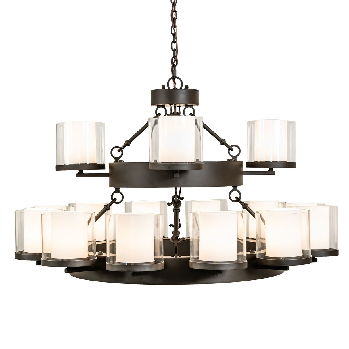 Front view of Noziroh chandelier showcasing dual ring structure and evenly spaced lights.