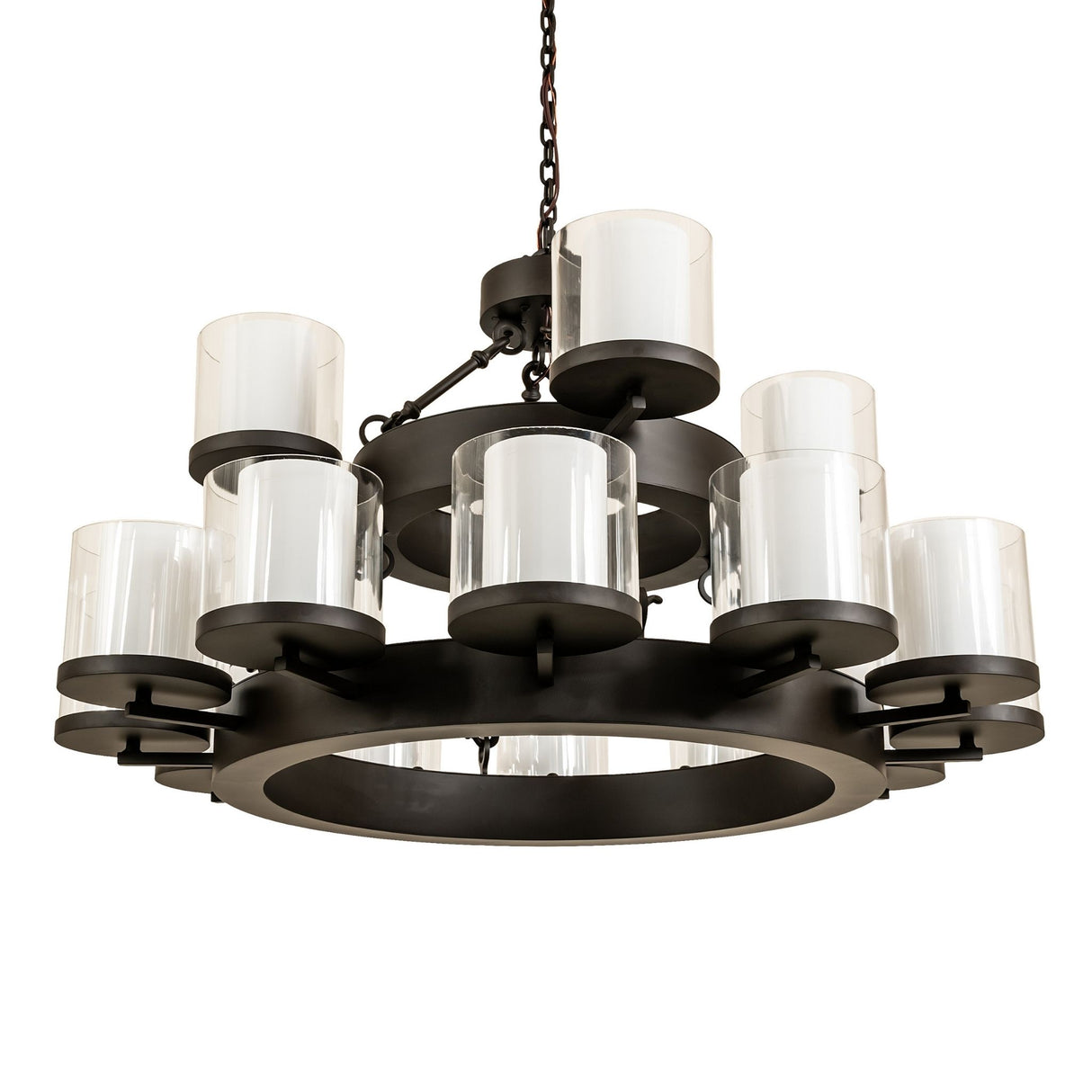 Unlit view of Noziroh two-tier ring chandelier showing circular frame design.