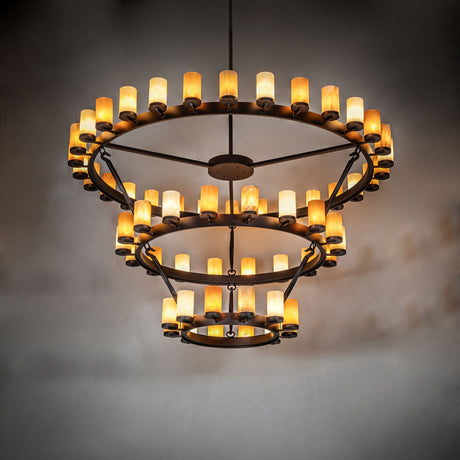 Noziroh three-tier ring chandelier providing warm ambient lighting in a large interior space.