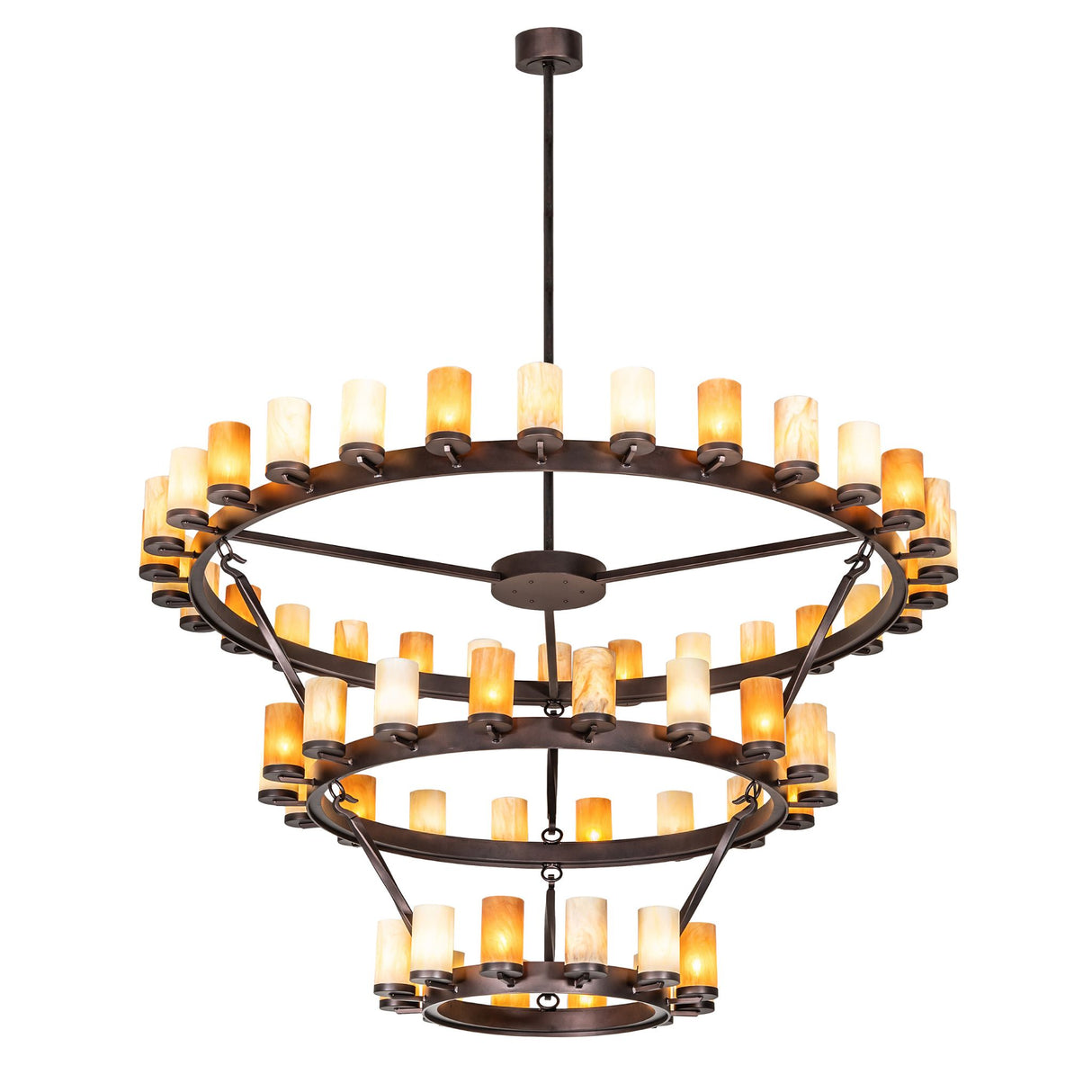 Full view of Noziroh three-tier ring chandelier with 60 cylindrical glass lights.