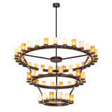 Full view of Noziroh three-tier ring chandelier with 60 cylindrical glass lights.