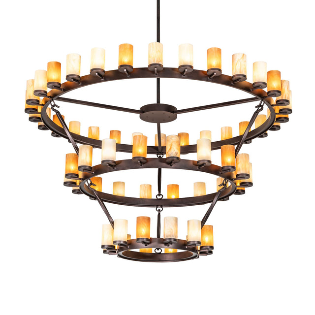 Lit view of three-tier ring chandelier featuring amber-toned cylindrical glass shades.