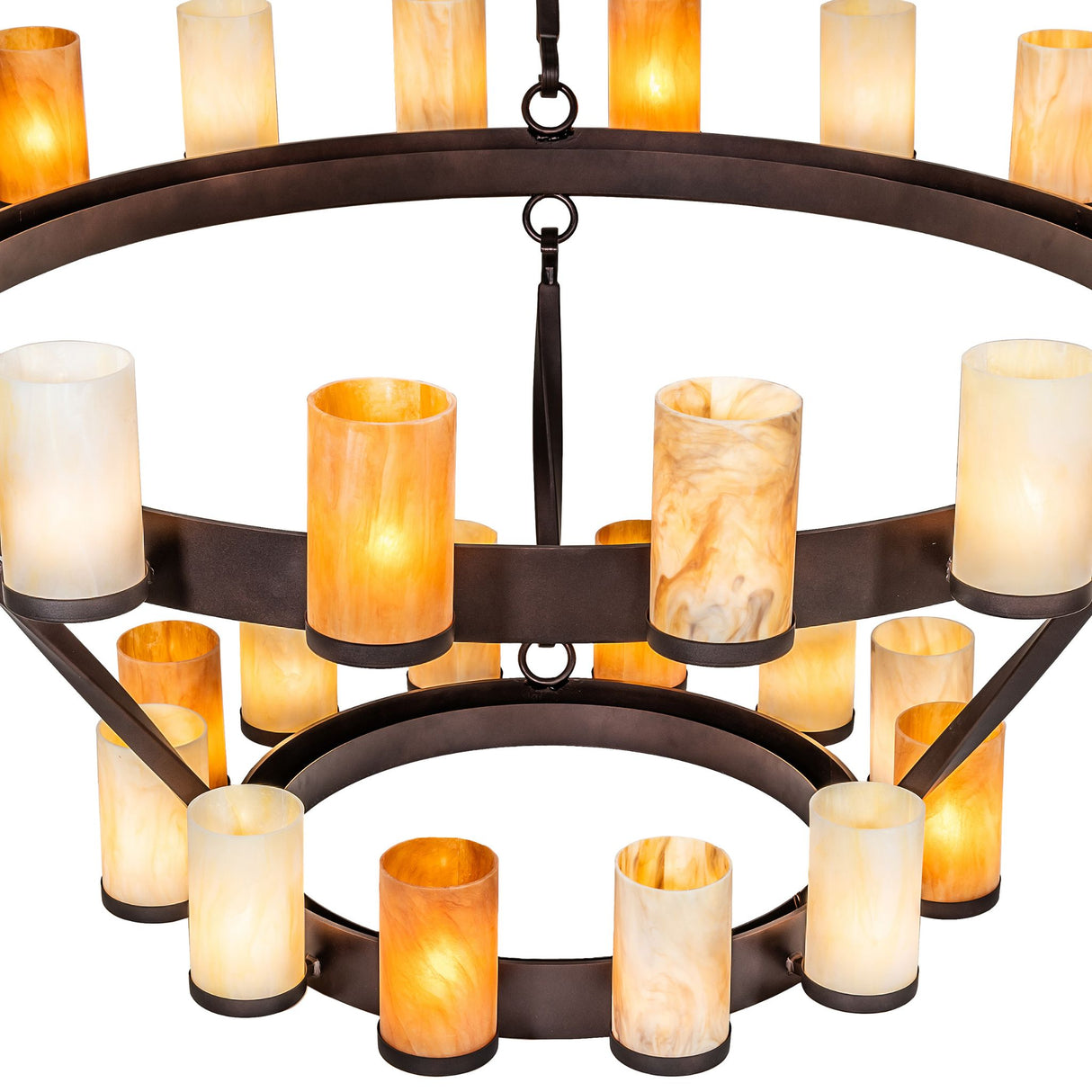 Detail view of bronze-finished ring structure on three-tier chandelier.