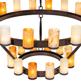 Detail view of bronze-finished ring structure on three-tier chandelier.