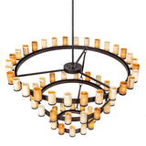 Top angle view of chandelier highlighting concentric metal rings and glass shades.