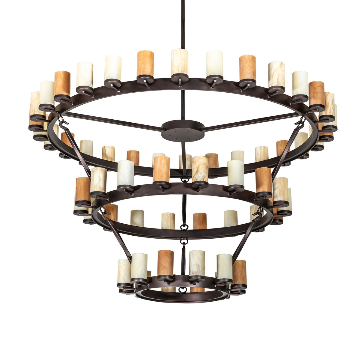 Unlit view of three-tier ring chandelier with cylindrical glass shades and bronze rings.
