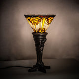 Illuminated view showcasing the warm glow of the Nuevo Mission Mini Lamp.