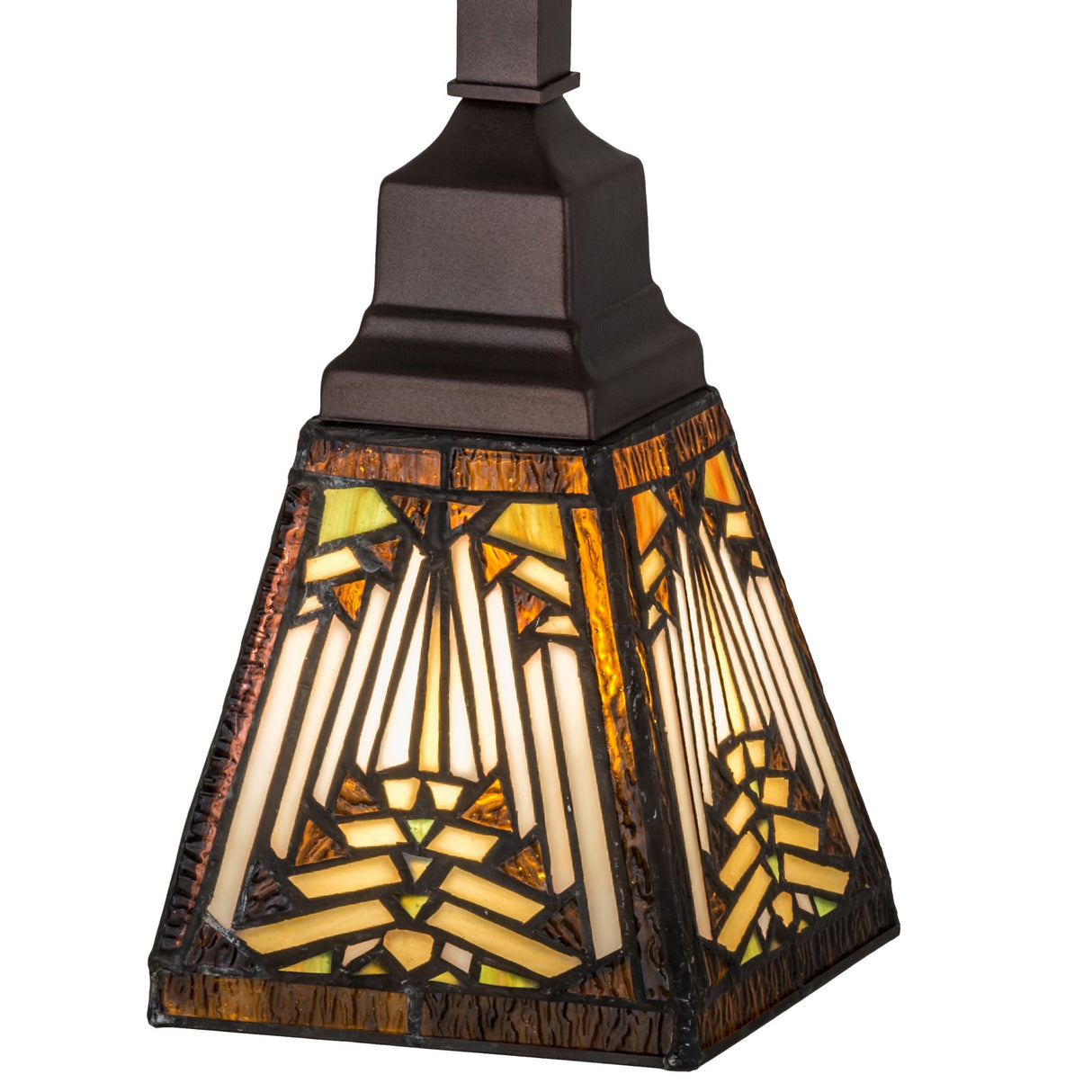 Close-up of the intricate stained glass on Nuevo Mission mini pendant.