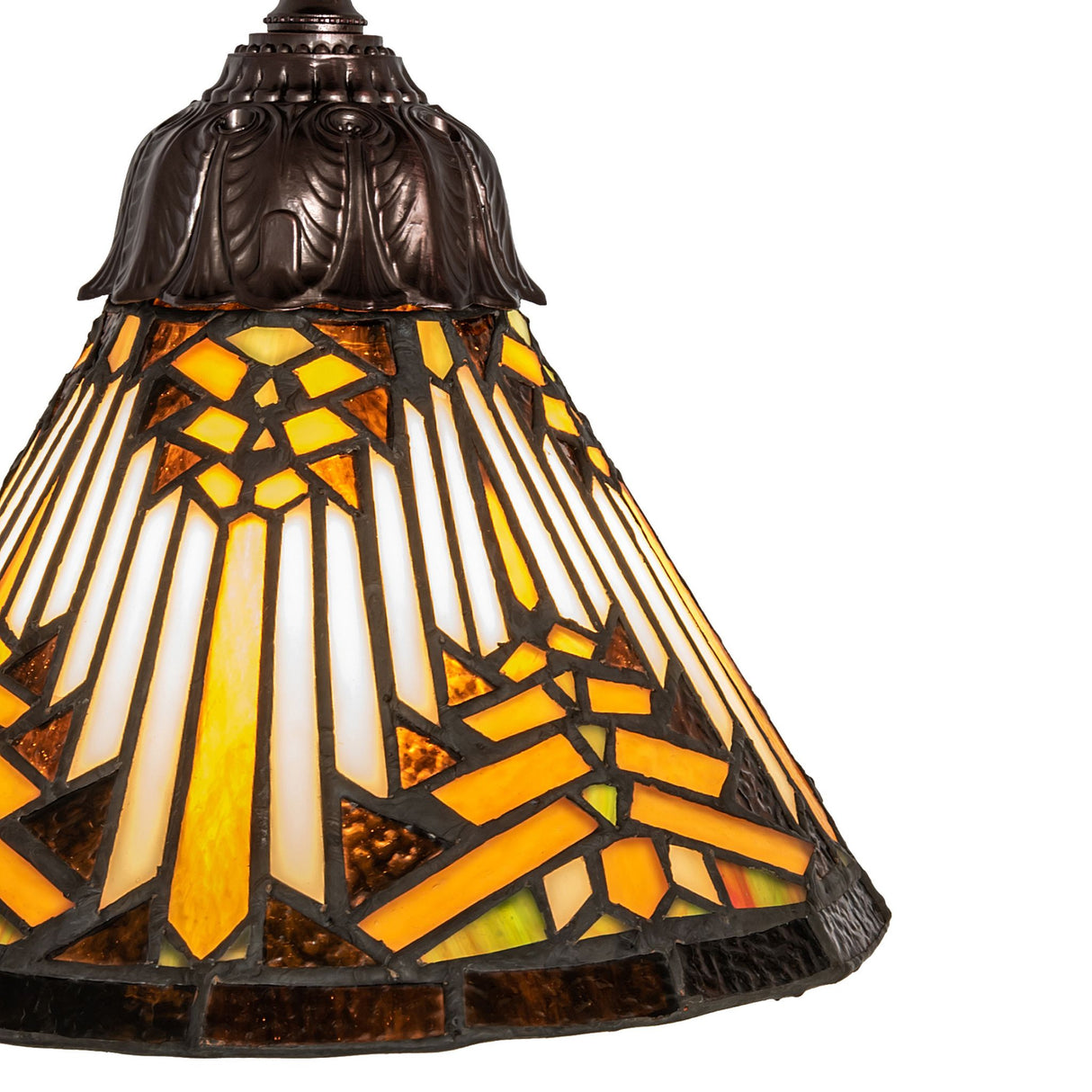 Close-up of the shade detailing vibrant amber, beige, and brown glass tones.