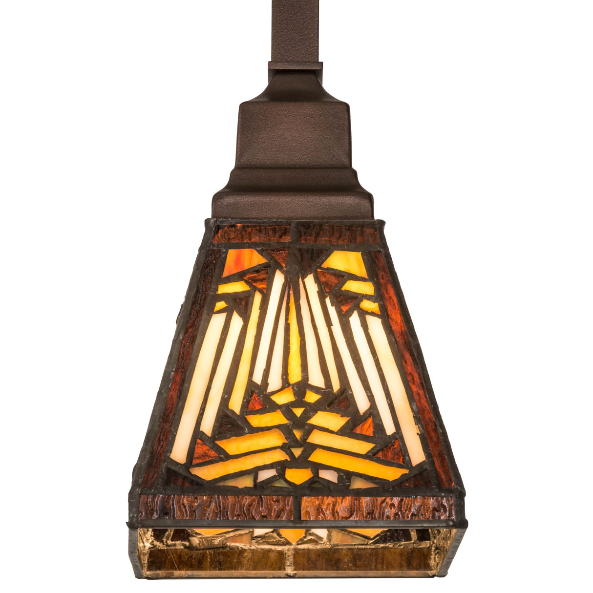 Detailed view of the pendant’s intricate glass and Mahogany Bronze frame.