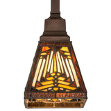 Detailed view of the pendant’s intricate glass and Mahogany Bronze frame.