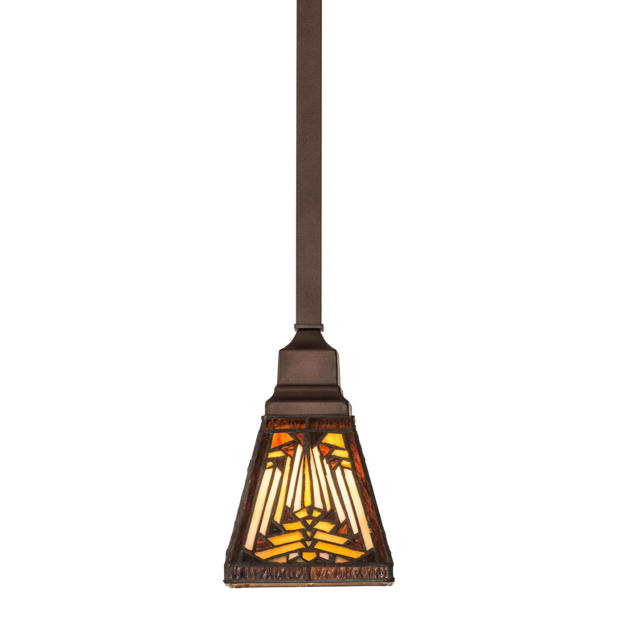 Front view showcasing detailed stained glass of Nuevo Mission mini pendant.
