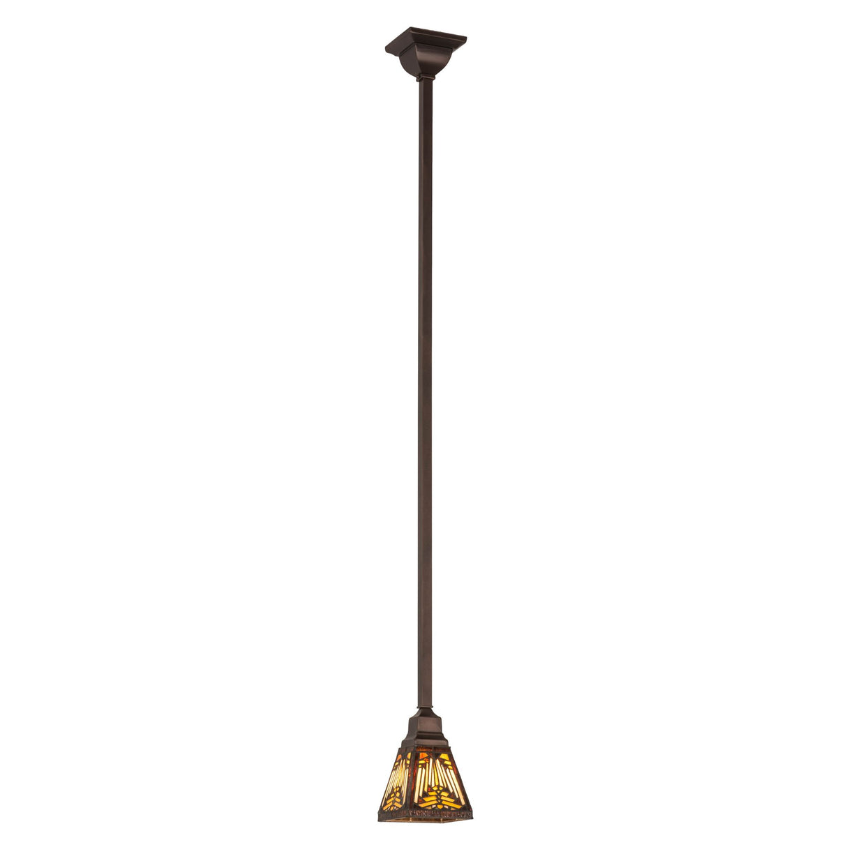 Full-length view of Nuevo Mission pendant with earth-toned glass and bronze finish.