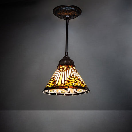 Illuminated view of Nuevo Mission Mini Pendant showcasing warm desert-inspired tones.