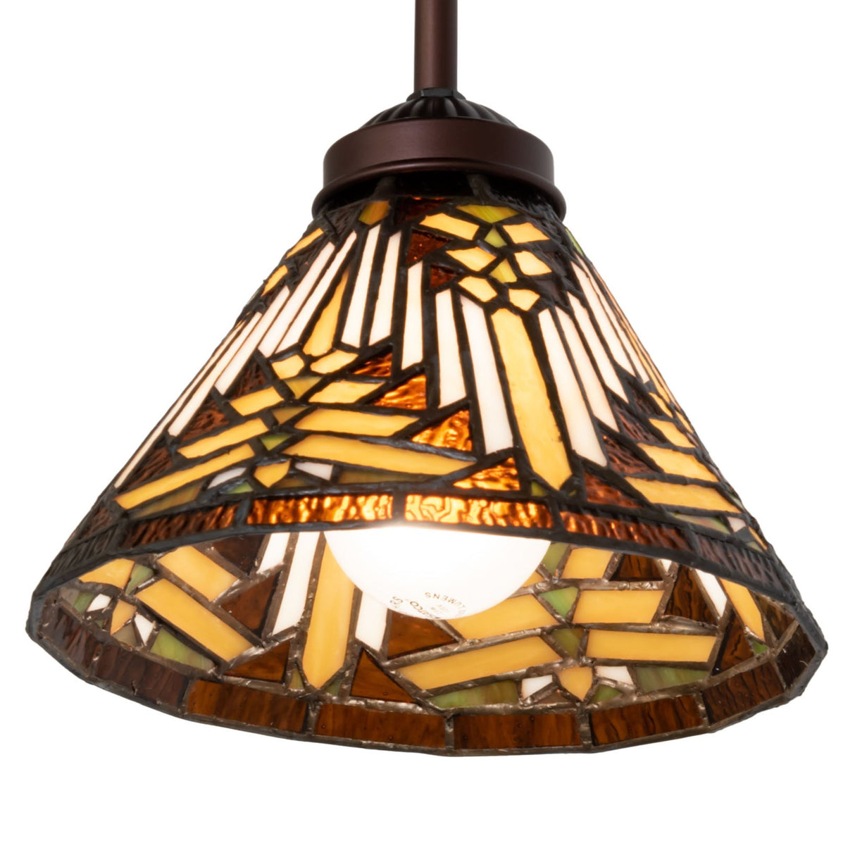 Angled view of the Nuevo Mission mini pendant highlighting its copperfoil glass design.