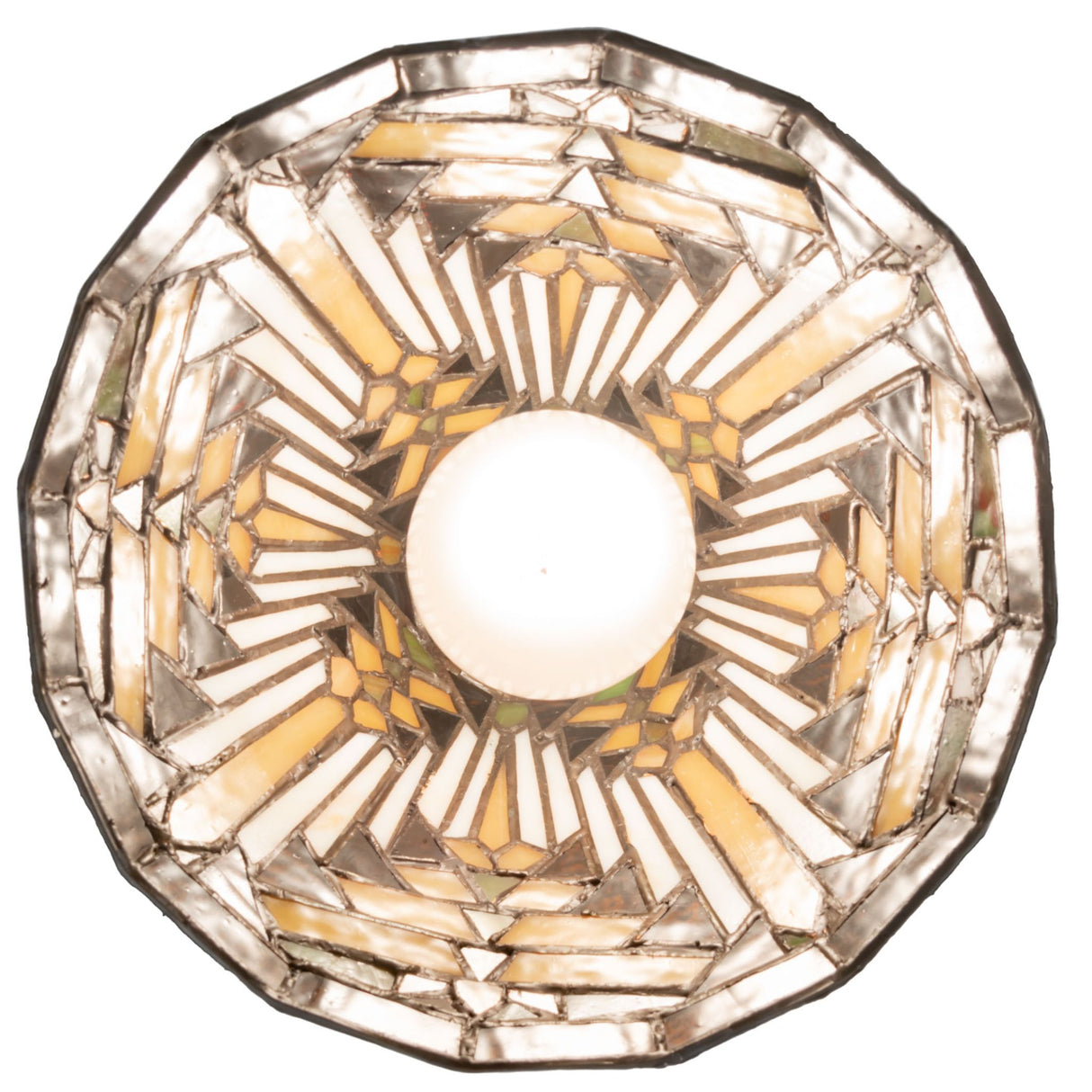 Bottom view of the Nuevo Mission mini pendant revealing its vibrant stained glass pattern.