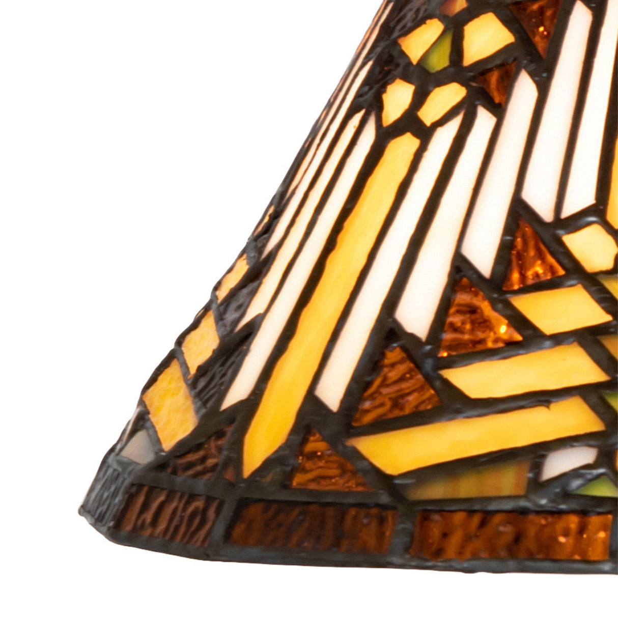 Close-up view of the intricate stained glass and warm bronze finish of the Nuevo Mission pendant.