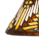 Close-up view of the intricate stained glass and warm bronze finish of the Nuevo Mission pendant.