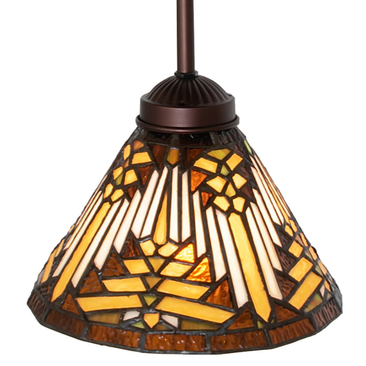Top view of the Nuevo Mission mini pendant with intricate stained glass artwork.