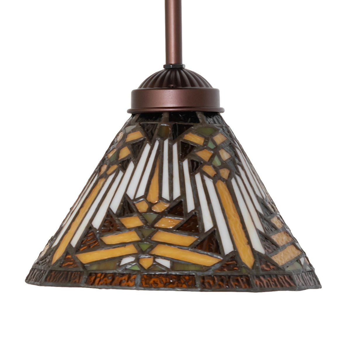 Unlit view of Nuevo Mission mini pendant with intricate stained glass details.