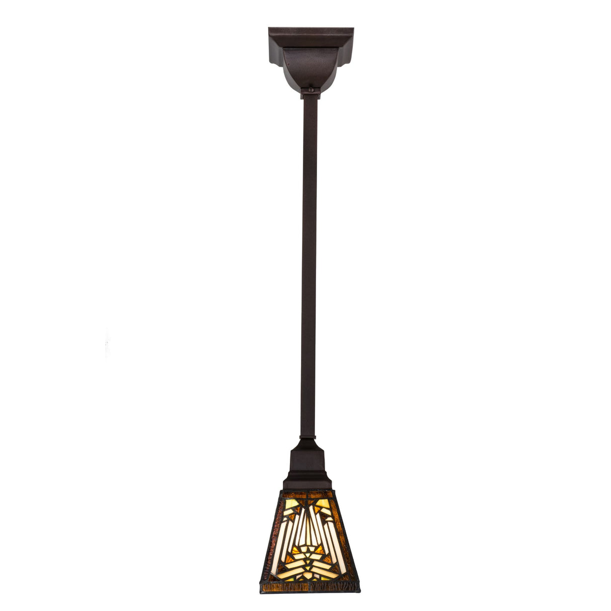 Side view of Nuevo Mission mini pendant with warm tones and intricate design.
