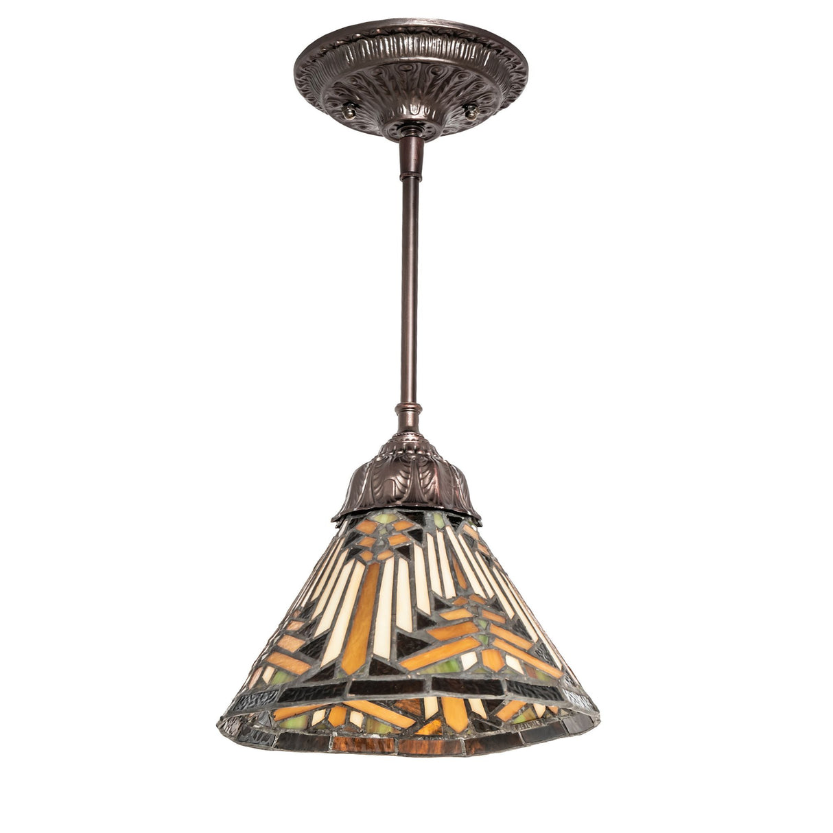 Side view of Nuevo Mission Mini Pendant highlighting intricate stained glass details.