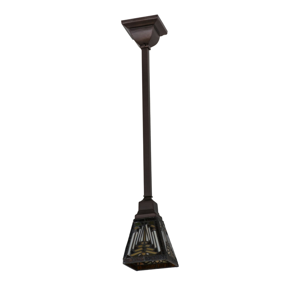 Nuevo Mission mini pendant with unlit stained glass shade.