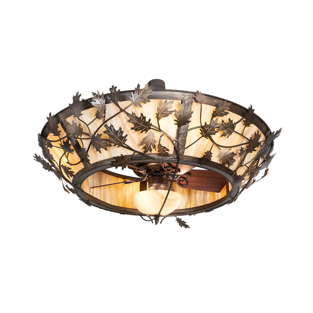 Oak Branch chandelier with illuminated fan and detailed leaf pattern.