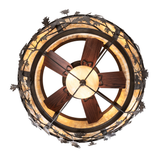 Bottom view of Oak Branch chandelier fan showing wooden blades.