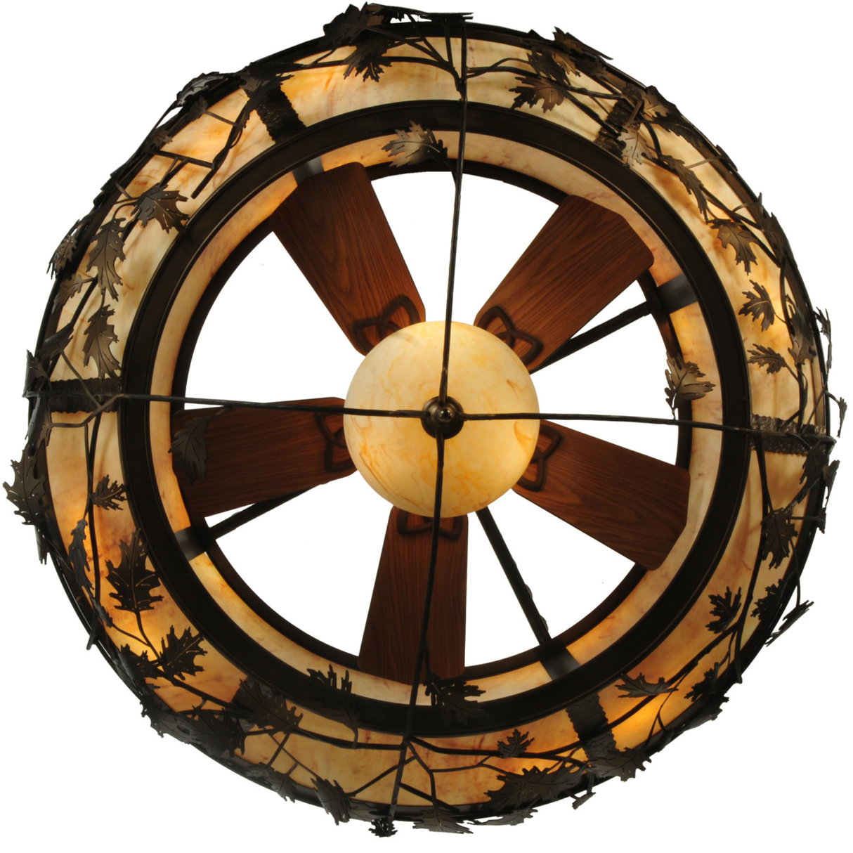Bottom view showing wood fan blades and central dome shade.