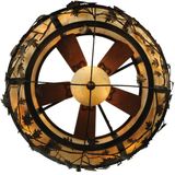 Bottom view showing wood fan blades and central dome shade.
