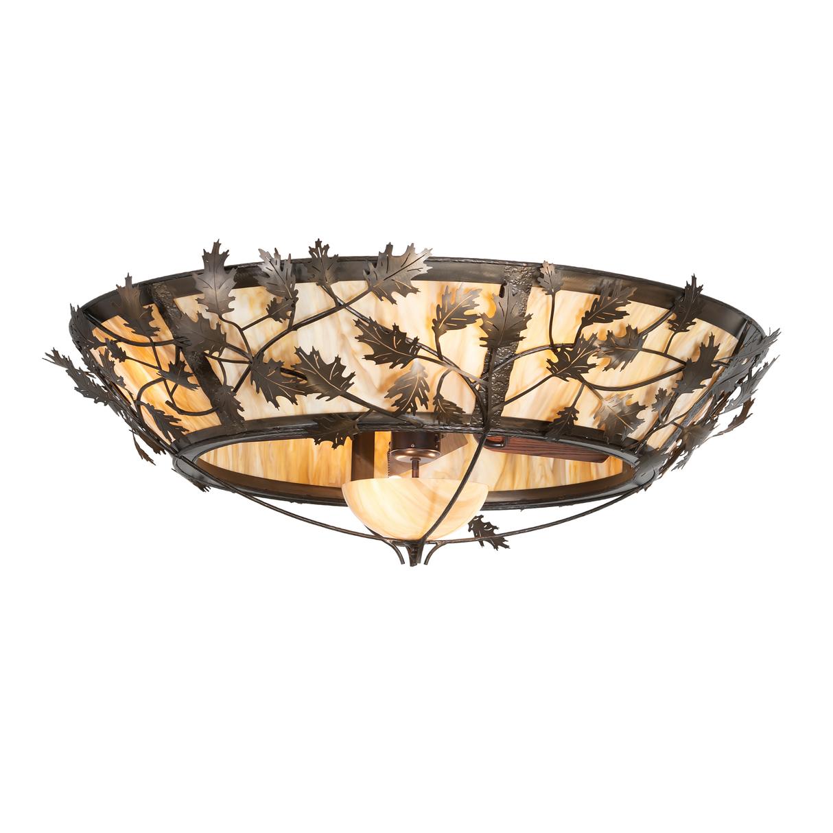 Rustic Oak Branch chandelier fan with leaf and branch metal design.