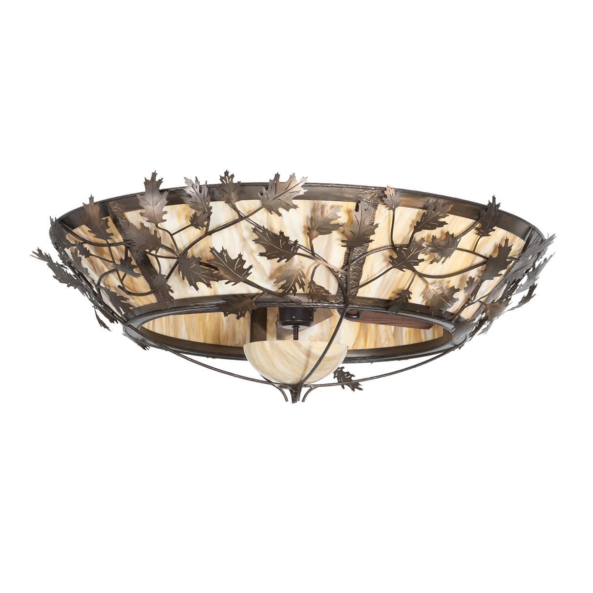 Handcrafted Oak Branch chandelier with illuminated amber diffuser.