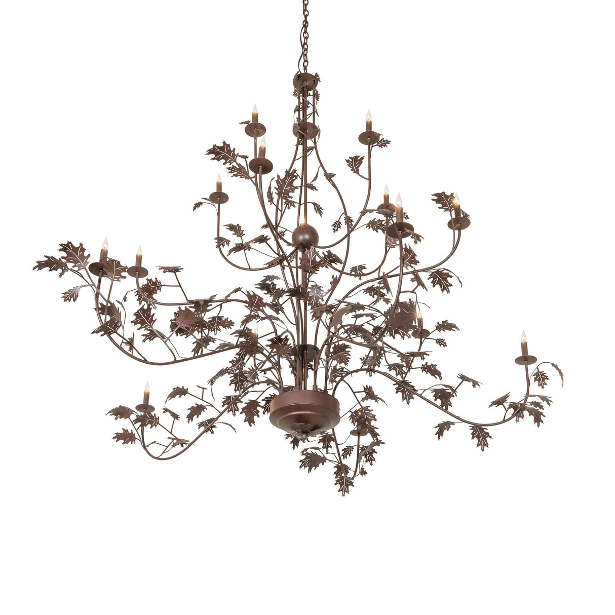 Bottom angle of chandelier revealing dense oak leaf arrangement and central hub.