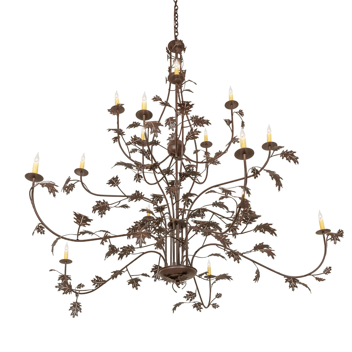 Bottom-angled product view displaying the sweeping oak-leaf arms of the chandelier.