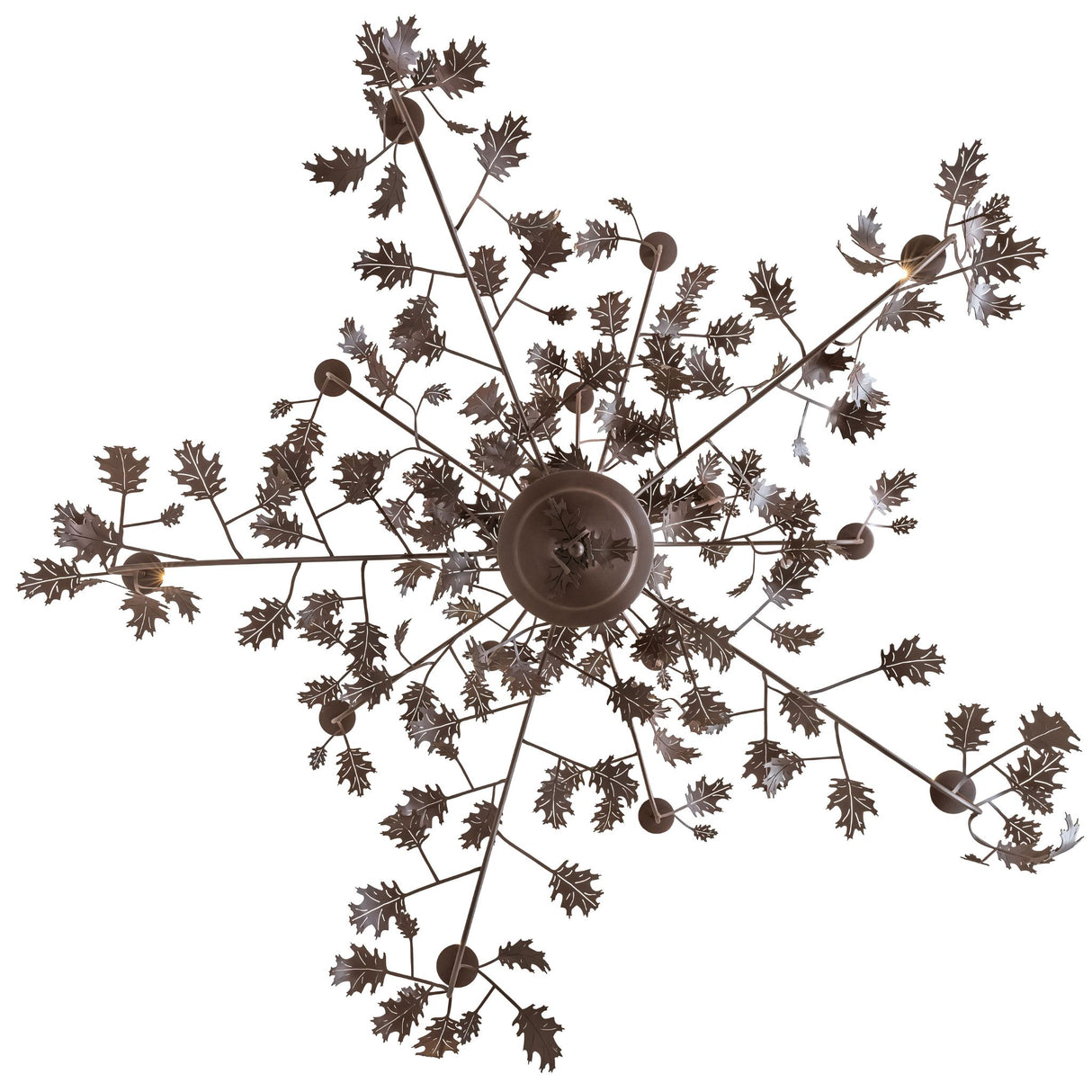 Bottom view of chandelier showcasing radial branch layout and decorative leaf cluster.