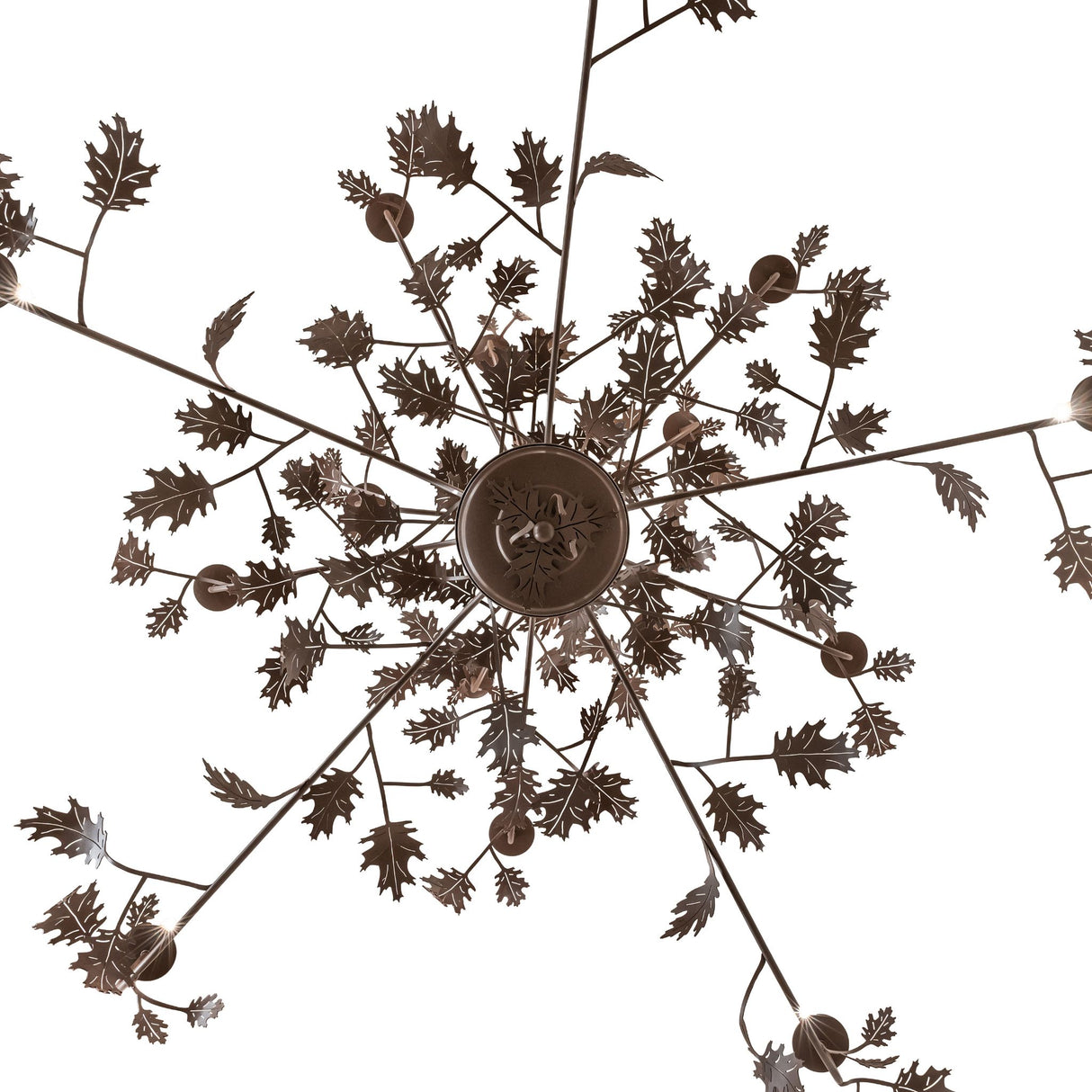 Bottom view showing oak leaf details on the 15 light chandelier.