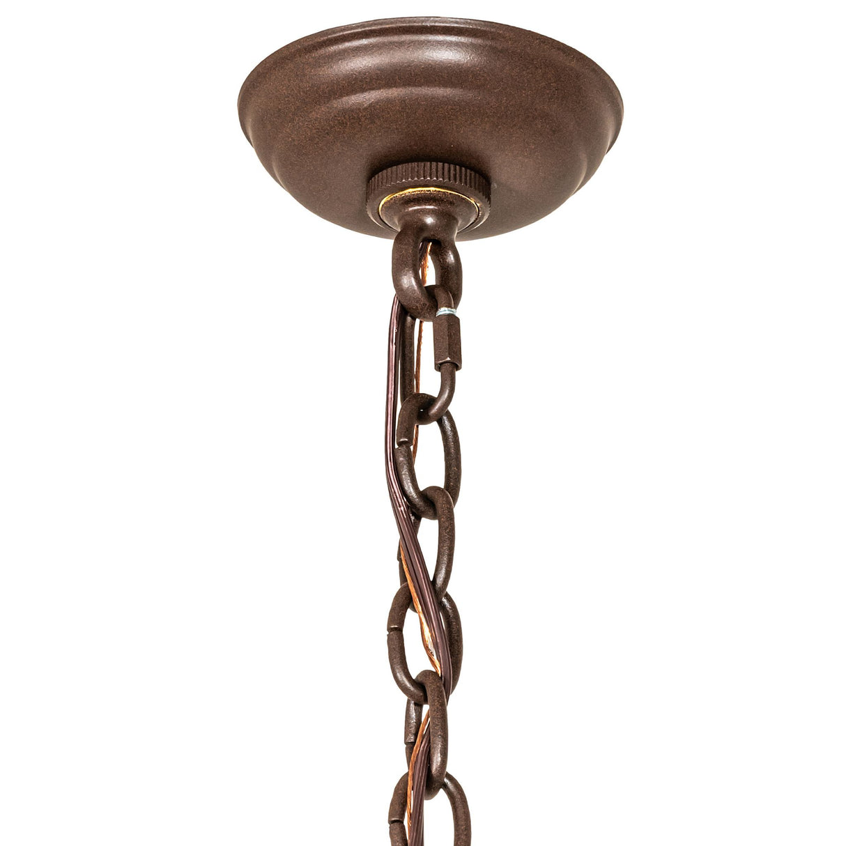 Close-up view of the chandelier’s ceiling canopy and supporting chain links.