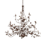 Oak leaf 15 light chandelier illuminated, featuring cafe noir oak leaf branches and faux candle lights.