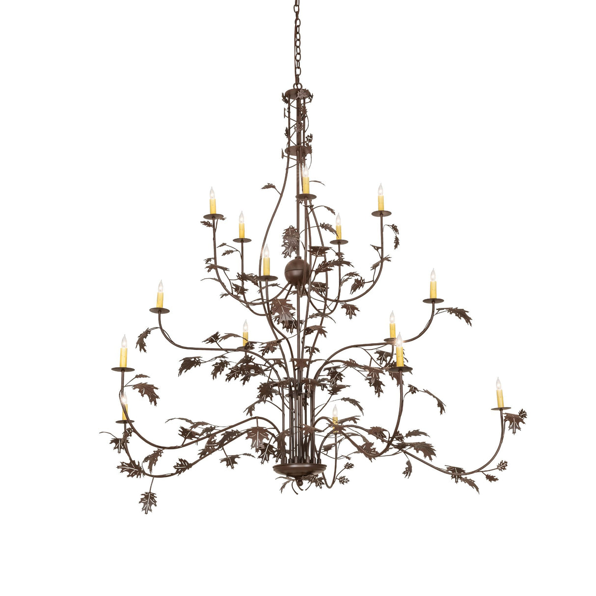 Lit view of oak leaf 15 light chandelier showing warm glowing candlelights.