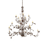 Lit view of oak leaf 15 light chandelier showing warm glowing candlelights.