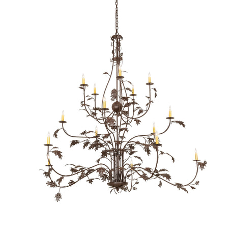 Lit view of oak leaf 15 light chandelier showing warm glowing candlelights.