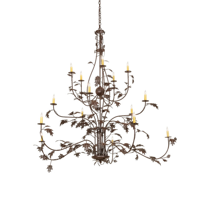 Lit view of oak leaf 15 light chandelier showing warm glowing candlelights.